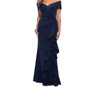 Xscape Long Scuba Off-The-Shoulder Ruffle Evening Gown Midnight Blue Sz. 4
